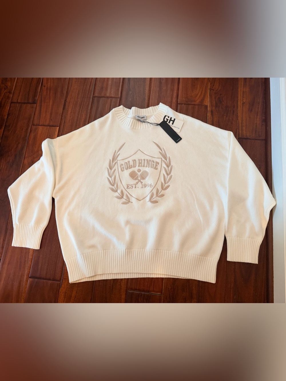 Gold Hinge Women S Cream Crewneck Sweater with Logo